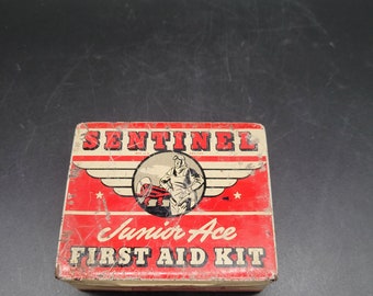 Vintage Sentinel Junior Ace First Aid Kit Tin Metalware Collectible Tin