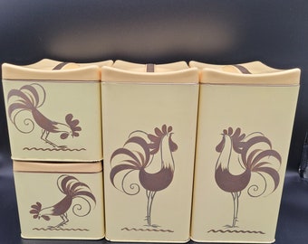 Vintage Ransburg Rooster Canister Set: Hand-painted Yellow Nesting