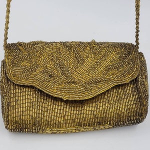 Gorgeous Vintage Gold Colored Seed and Bugle Beaded Purse Evening Bag Hand Bag Clutch Apparel Accessories