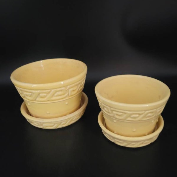 Vintage 2 McCoy Pottery Planter Pots in Yellow Greek Key Pattern with Attached Drip Tray Home Decor