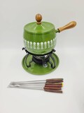 Vintage Mid Century Modern Green Fondue Pot Set with White Flower Graphics Japan Retro Kitchen Decor Schitt's Creek
