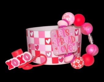 Hearts and Checkers - Tumbler Accessory Bundle: Boot, handle charm, and Straw Topper Set - Custom Tumbler Decor - Gift for her