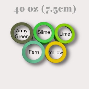 May include: Five 4 oz (7.5 cm) round silicone lids in different colors: army green, slime green, lime green, fern green, and yellow.