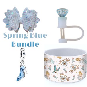 PREORDER Spring Blue Bundle box- includes a White bow w blue reflects, Glass Slipper charm, Blue Diamond 10mm Straw Topper, & enchanted boot