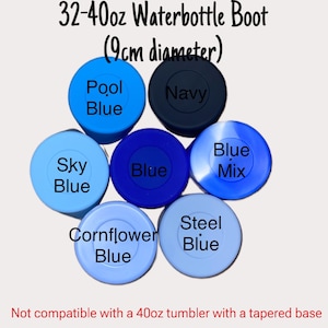 May include: Assortment of 9 cm diameter water bottle boot lids in various shades of blue, including pool blue, sky blue, cornflower blue, steel blue, and a blue mix. The lids are not compatible with 40 oz tumblers with a tapered base.