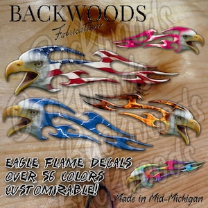 Screaming American Bald Eagle Flame Decals in 56 colors for motorcycle gas tank graphics, fairing, saddle bag, golf cart, helmet, car, truck