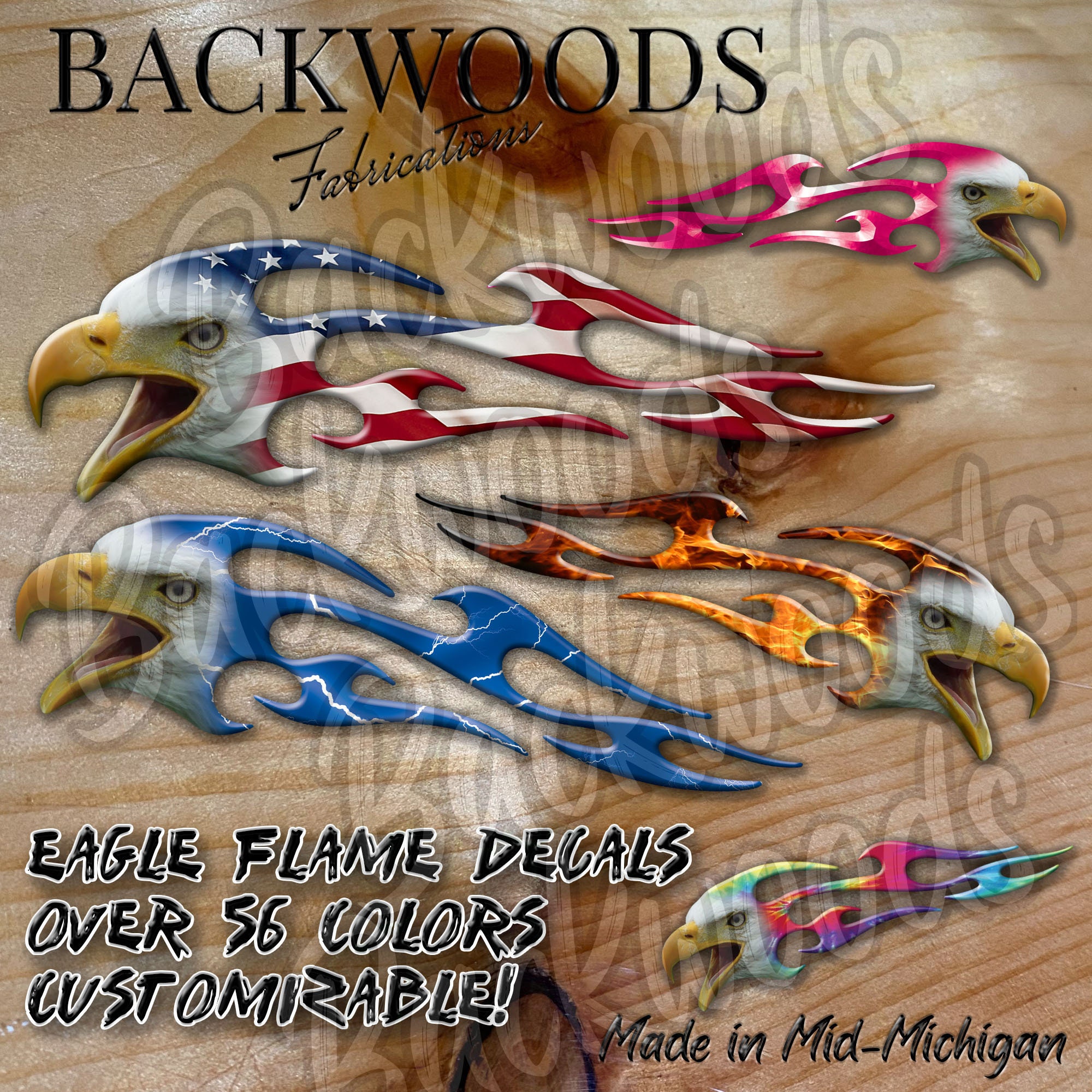 Screaming American Bald Eagle Flame Decals in 56 Colors for