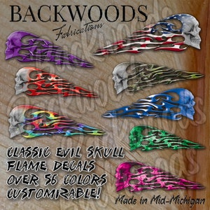 Classic Evil Skull Tribal Flame Decals customize in 56 different colors reflective and premium vinyl great for motorcycle gas tank graphics