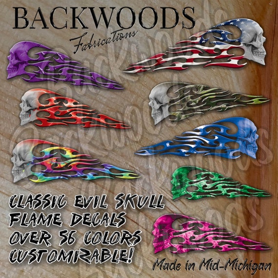 Classic Evil Skull Tribal Flame Decals customize in 56 different colors reflective and premium vinyl great for motorcycle gas tank graphics