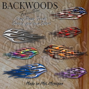 Full color vinyl flame decals for motorcycle gas tanks, saddle bags, golf carts, cars, trucks, boats.  56 colors to choose from!