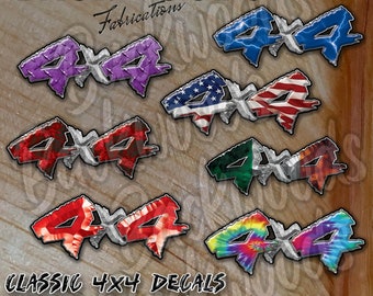 May include: A set of 4x4 decals with various designs, including a purple diamond plate, an American flag, a red camouflage, a green and orange Irish flag, a red and white camouflage, and a tie-dye pattern. The decals are made in Mid-Michigan and are available in over 56 colors.