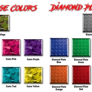 May include: A chart showing different camouflage and diamond plate patterns in various colors, including blue, gray, pink, purple, orange, red, teal, and yellow. The chart is labeled "Camouflage Colors" and "Diamond Plate Colors".
