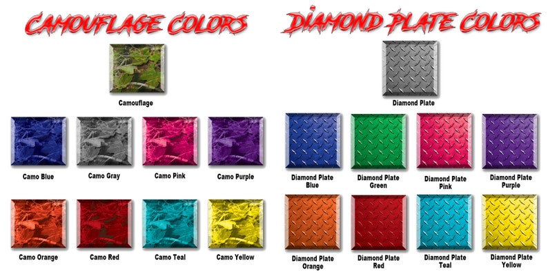May include: A chart showing different camouflage and diamond plate patterns in various colors, including blue, gray, pink, purple, orange, red, teal, and yellow. The chart is labeled "Camouflage Colors" and "Diamond Plate Colors".
