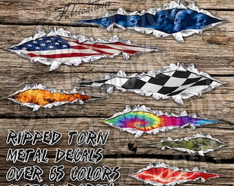 Ripped Torn Metal Graphic Decals 65+ colors for car, boat, motorcycle, helmet, golf cart with reflective and standard vinyl sticker options