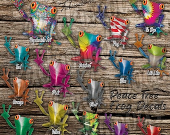 Retro peace tree frog decals happy frog stickers for car or truck windows, laptops...  Mix n match colors for a happy pack of smiling frogs!