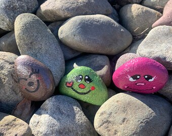 Hand Painted Silly Faced Rocks… Set of 3. … Garden Decor