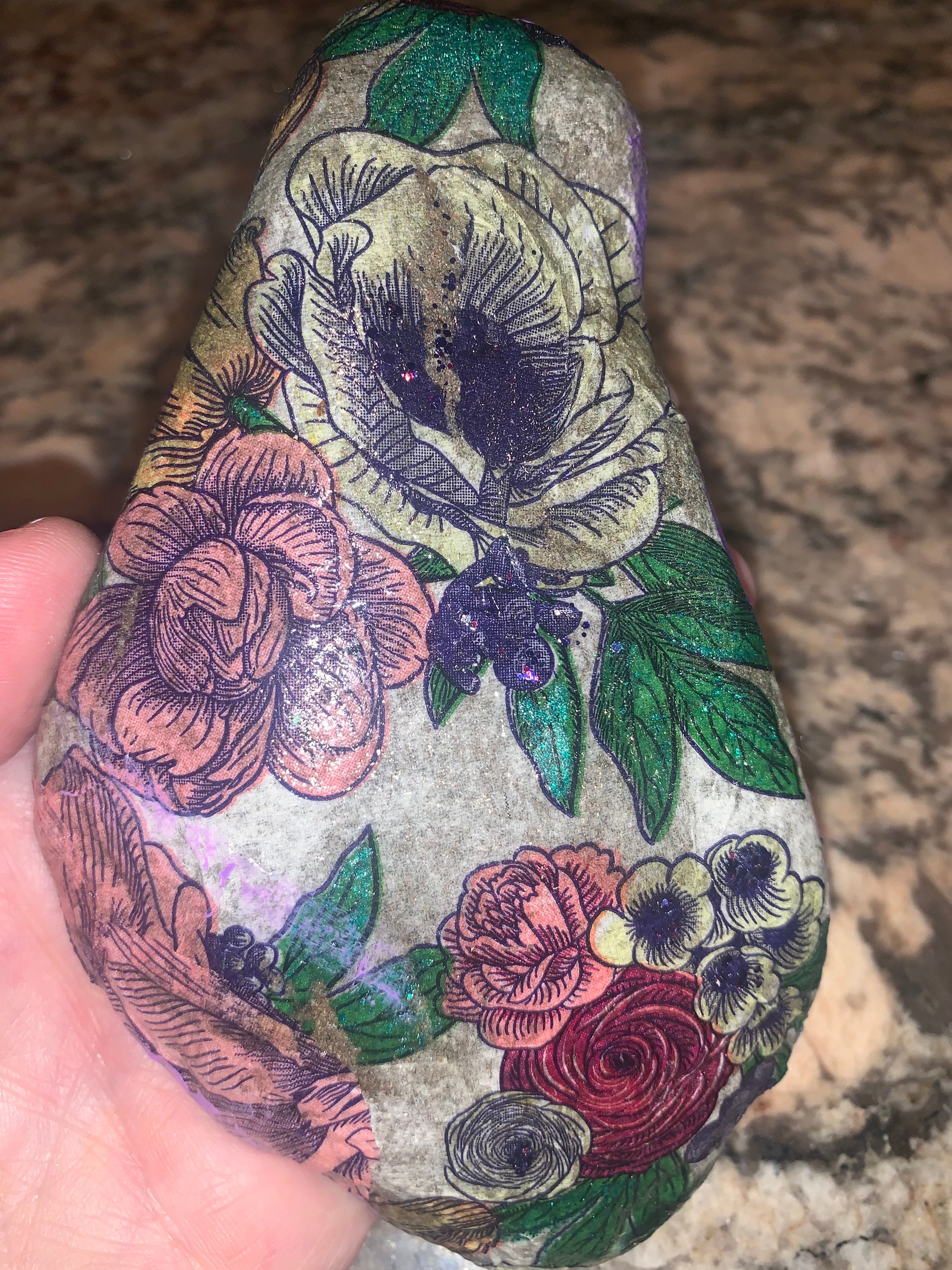 Beautiful Floral Decoupage Rock Rock Garden Etsy