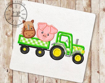Farm Tractor with Animals Applique Embroidery Designs, Farm Animals Embroidery, Horse Pig Embroidery Design, Tractor Trailer Embroidery, 223