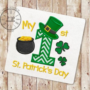 My first St. Patrick's Day Applique Embroidery Design, Shamrock Embroidery, clover, Leprechaun hat, Pot Gold Design, Instant Download, 242