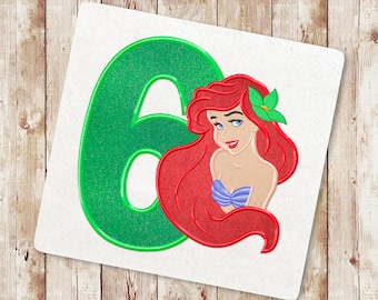 Mermaid Sixth birthday Applique Embroidery Design, Sea Princess Applique Embroidery Design, Princess Mermaid Design, Instant Download, 126