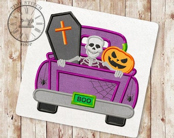 Skeleton Truck Applique Embroidery Design, Retro Truck Machine Embroidery Design, Halloween Truck Applique Designs, Instant Download, 005
