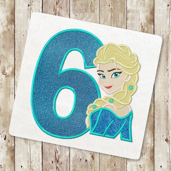 Princess Sixth birthday Applique Embroidery Design, Ice Queen Applique Embroidery Design, Birthday Embroidery, Instant Download, 112