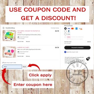 May include: A screenshot of a website with a coupon code offer for embroidery designs. The website is called TimeStitchShop and features two designs: a school truck and a retro car with balloons. The text on the website reads "Use coupon code and get a discount!" and "Apply shop coupon codes off30 Apply".