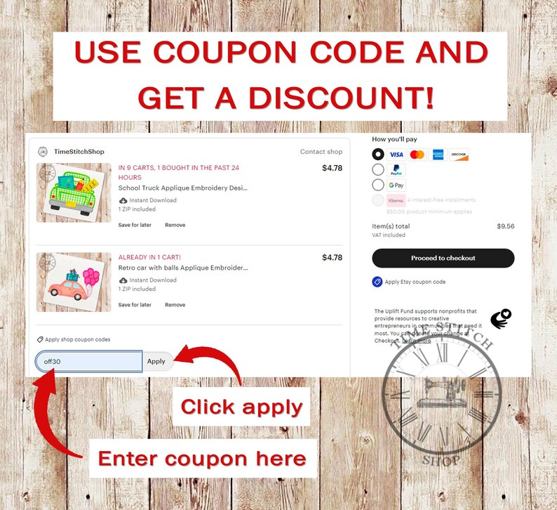 May include: A screenshot of a website with a coupon code offer for embroidery designs. The website is called TimeStitchShop and features two designs: a school truck and a retro car with balloons. The text on the website reads "Use coupon code and get a discount!" and "Apply shop coupon codes off30 Apply".