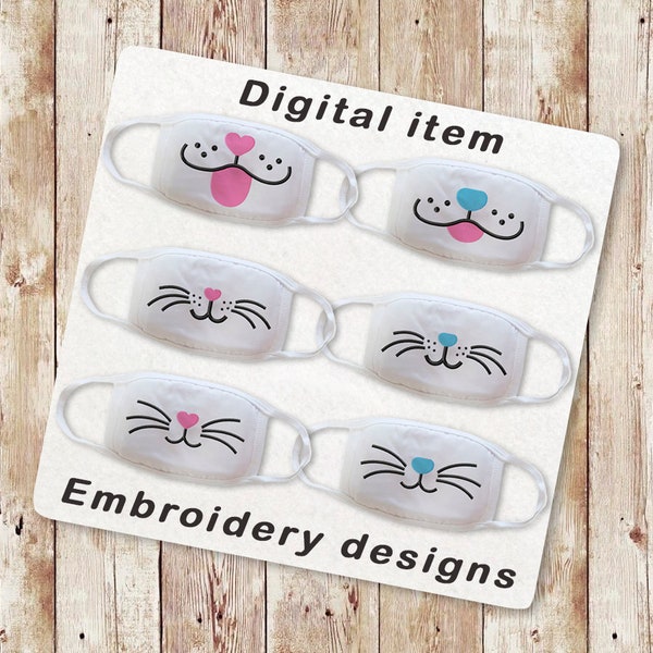 SET of 6 Designs. Face mask Machine Embroidery Designs, Bunny Face mask, Kitty Face mask, Puppy Face mask, Cute animals baby face masks, 154