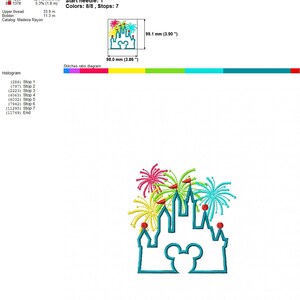 Peut inclure: Un contour bleu d'un ch&acirc;teau avec des oreilles de Mickey Mouse et des feux d'artifice en rouge, jaune, vert et rose. Le motif mesure 98,0 mm sur 99,1 mm.