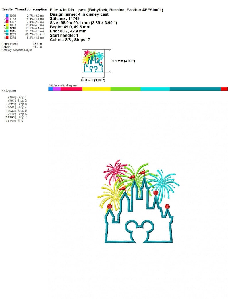 Peut inclure: Un contour bleu d'un ch&acirc;teau avec des oreilles de Mickey Mouse et des feux d'artifice en rouge, jaune, vert et rose. Le motif mesure 98,0 mm sur 99,1 mm.