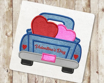Valentines Truck Applique Embroidery Design, Retro Truck Machine Embroidery Design, Heart Applique Embroidery Design, Instant Download, 092