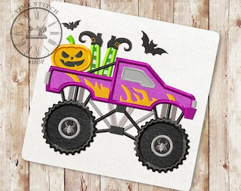 Halloween Monster Truck Applique Embroidery Design, Retro Truck, Race Car Applique Embroidery, Blaze Embroidery Design, Instant Download 237