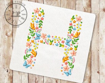 Floral Letter H machine embroidery Design Wildflower alphabet Font from flowers and butterflies Letters for a personalized gift 252