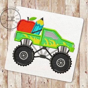 School Monster Truck Applique Embroidery Design, Race Car, Back to School, School Applique, Pencil, apple Embroidery, Instant Download, 236
