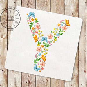 Letra floral Y design de bordado à máquina Fonte do alfabeto de flores silvestres de flores e borboletas letras para um presente personalizado 269
