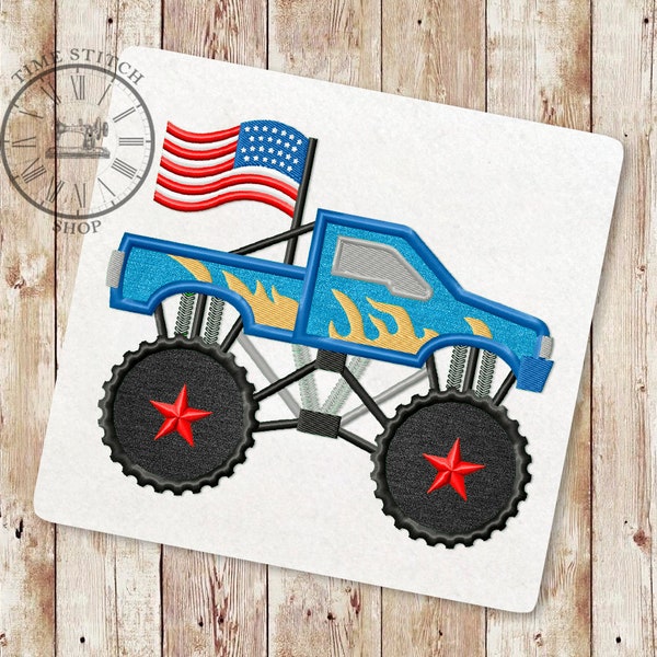 Fourth of July Monster Truck Applique Embroidery Design, Race Car Applique Embroidery, Independence Day Embroidery Designs, USA flag, 235