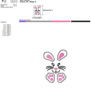 May include: Embroidery design of a pink and gray bunny rabbit with a white face. The design is 2.82 inches wide and 3.91 inches tall. The design is called "4 in easter bunny" and is for use with Babylock, Bernina, and Brother embroidery machines.