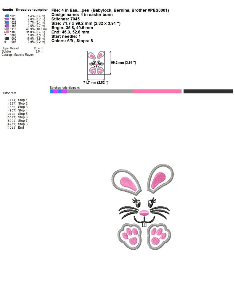 May include: Embroidery design of a pink and gray bunny rabbit with a white face. The design is 2.82 inches wide and 3.91 inches tall. The design is called "4 in easter bunny" and is for use with Babylock, Bernina, and Brother embroidery machines.