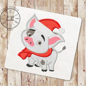 Christmas Pig Applique Embroidery Design, Hawaiian Pua Pig Applique Embroidery Design, Santa hat Embroidery Design, Instant Download, 201