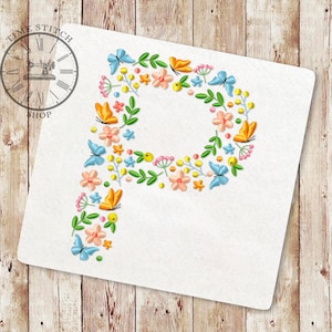 Letra floral P design de bordado à máquina Fonte do alfabeto de flores silvestres de flores e borboletas letras para um presente personalizado 260