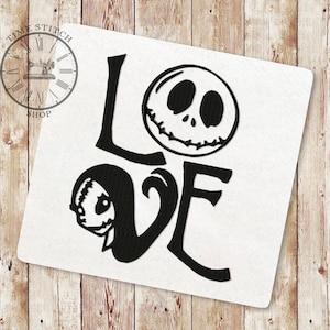 May include: Black and white design of the word "LOVE" with the character Jack Skellington's face from the movie "The Nightmare Before Christmas" incorporated into the design.