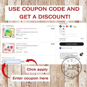 May include: A screenshot of a website with a coupon code offer for embroidery designs. The website is called TimeStitchShop and features two designs: a school truck and a retro car with balloons. The text on the website reads "Use coupon code and get a discount!" and "Apply shop coupon codes off30 Apply".