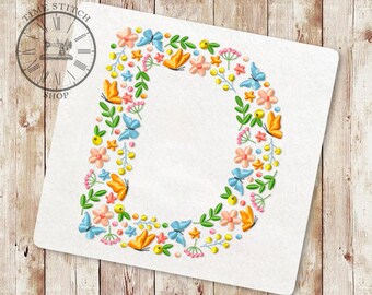 Floral Letter D machine embroidery Design Wildflower alphabet Font from flowers and butterflies Letters for a personalized gift 248