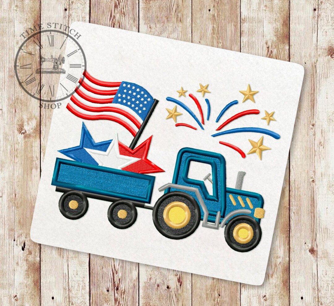Fourth of July Tractor Applique Embroidery Design, Farm Tractor Trailer