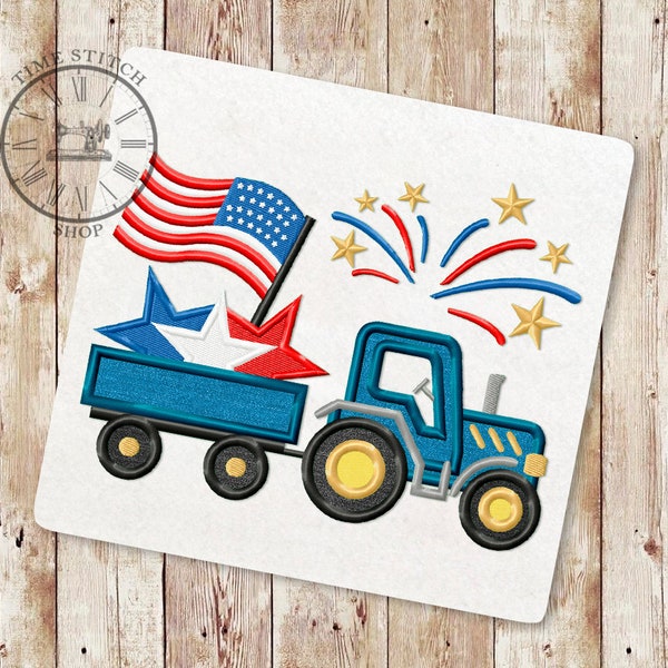 Fourth of July Tractor Applique Embroidery Design, Farm Tractor Trailer, Independence Day Embroidery, 4th of July Firework, USA flag, 225