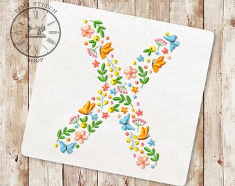Floral Letter X machine embroidery design Wildflower alphabet Font from flowers and butterflies letters for a personalized gift 268