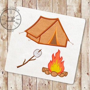 SET of three Camping Embroidery Designs, Campfire, Camping tent, Marshmallow Campfire Applique Embroidery Designs, Summer Embroidery, 172