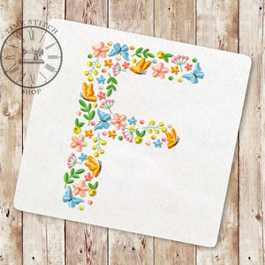 Diseño de bordado a máquina con la letra F floral Fuente del alfabeto de flores silvestres de flores y mariposas Letras para un regalo personalizado 250