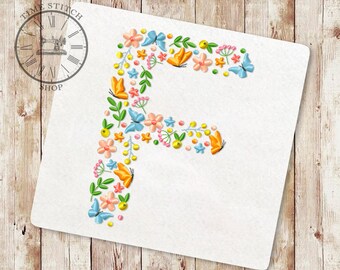 Floral Letter F machine embroidery Design Wildflower alphabet Font from flowers and butterflies Letters for a personalized gift 250